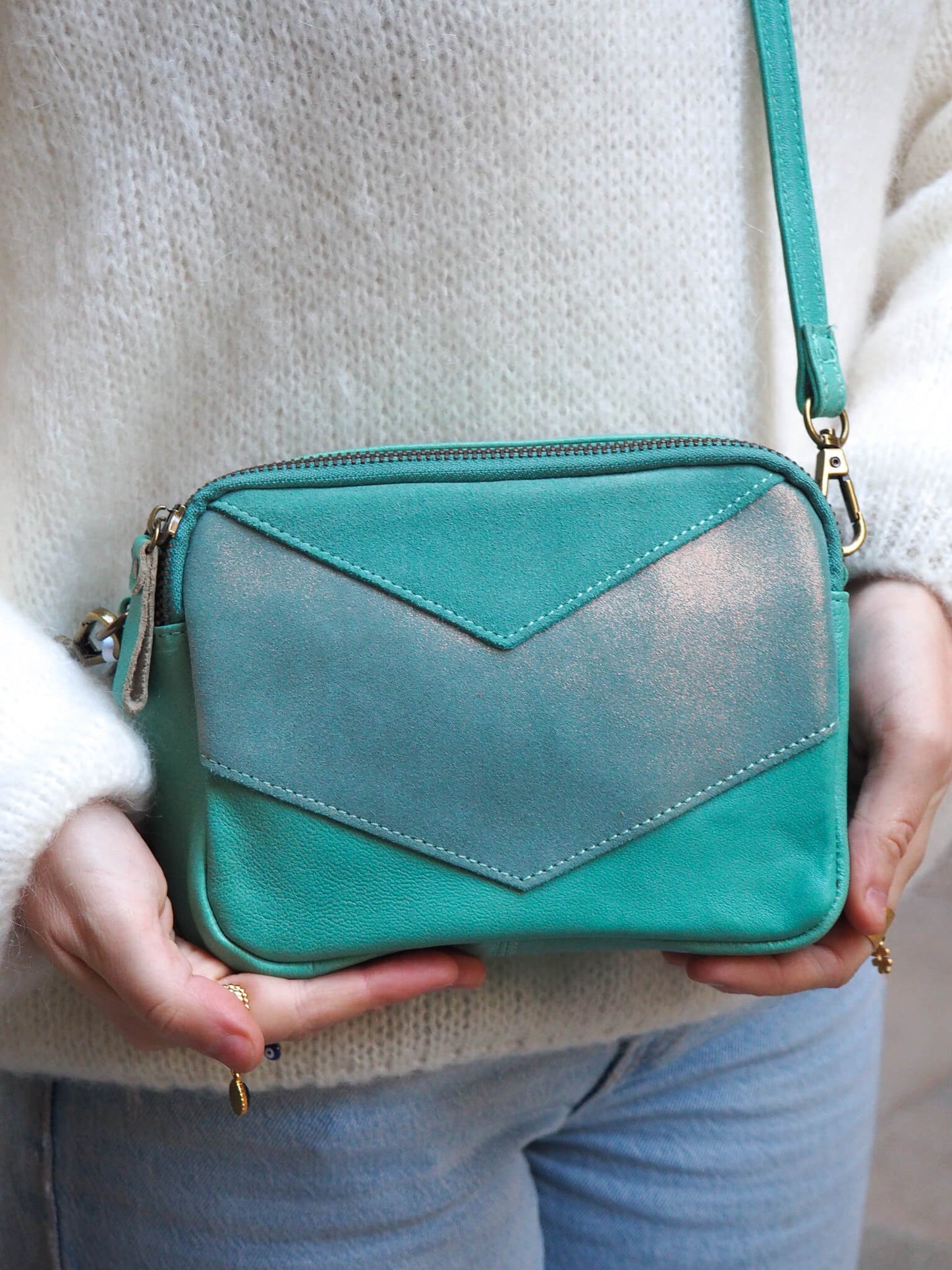 Sac Amélie bandoulière en cuir Turquoise