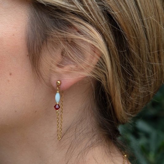 Pendientes “Doble Cadena Celeste” con Detalles Rojos