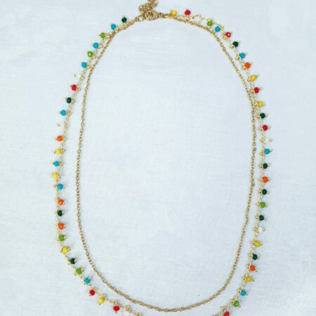 bijoux femme barcelone acier inoxydable laiton plaqué or doré fait main collier double chaine perle émaille coloré multicouleur