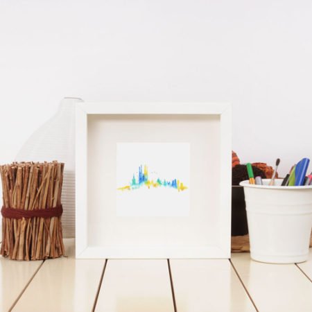 carte postale skyline des monuments de barcelone en aquarelle coloré dans un cadre blanc