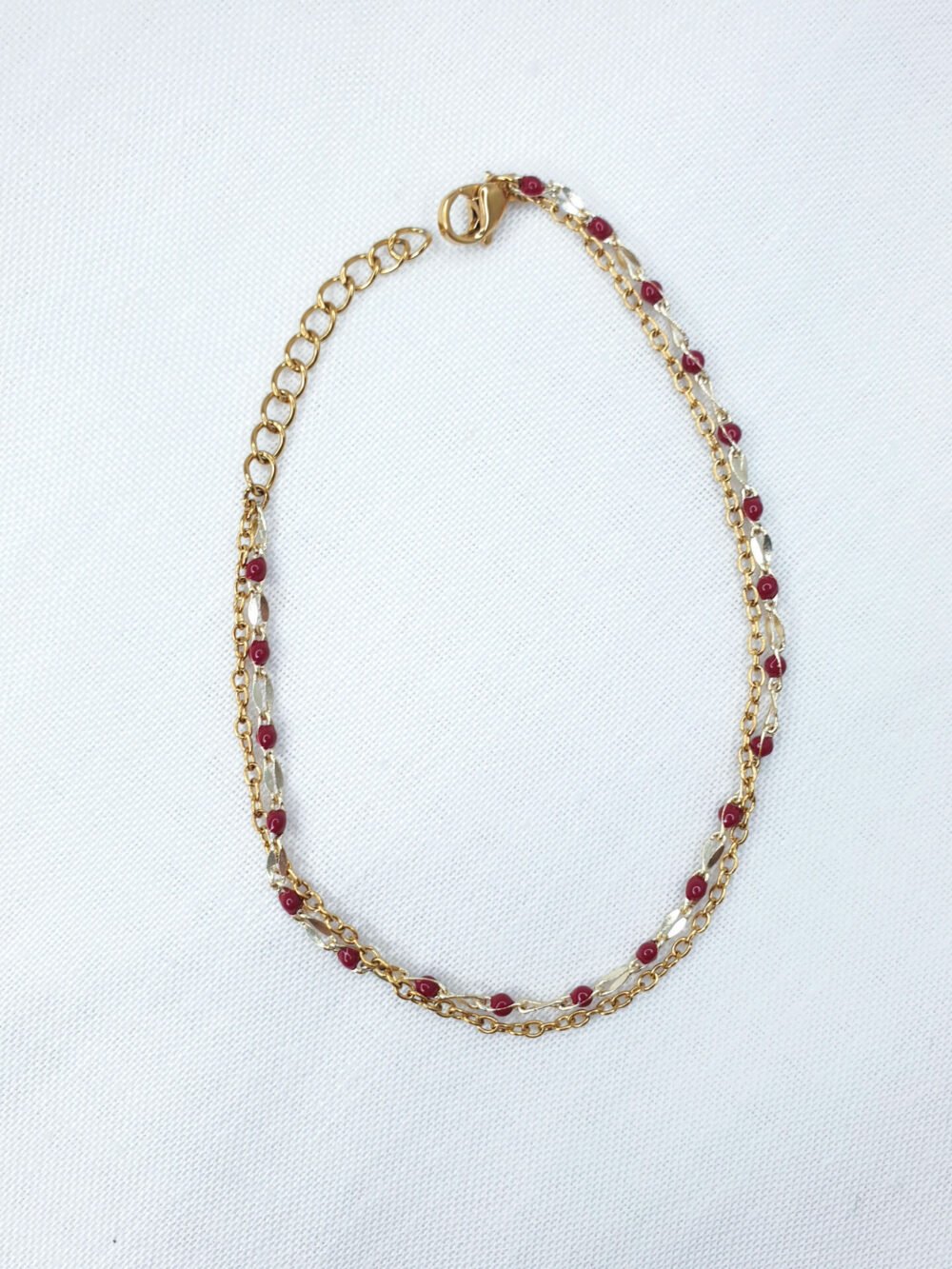 bijoux femme barcelone acier inoxydable laiton plaqué or doré fait main bracelet double chaine perle émaille coloré rouge foncé bordeaux