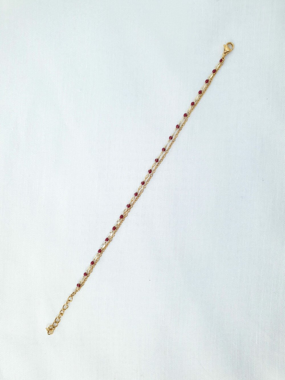 bijoux femme barcelone acier inoxydable laiton plaqué or doré fait main bracelet double chaine perle émaille coloré rouge foncé bordeaux