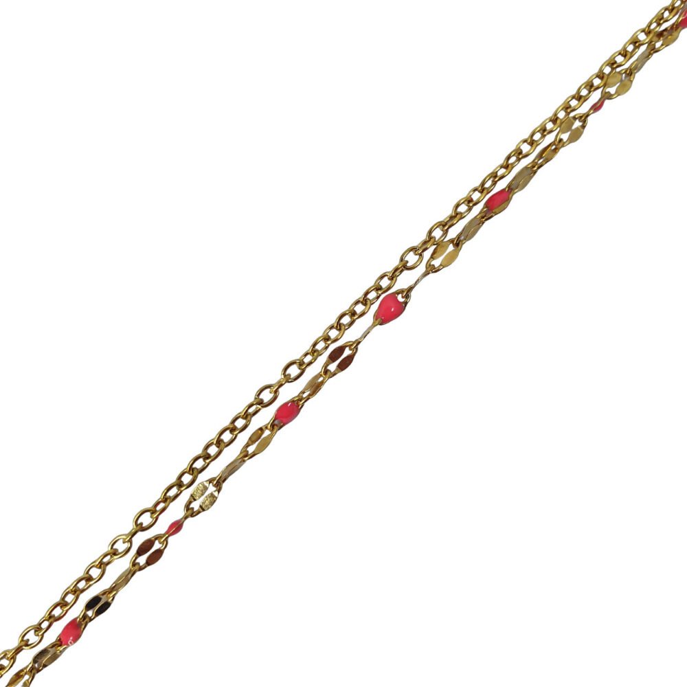 bijoux femme barcelone acier inoxydable laiton plaqué or doré fait main bracelet double chaine perle émaille coloré rose corail
