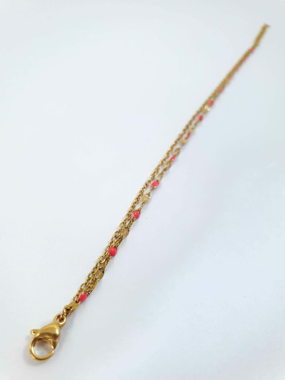 bijoux femme barcelone acier inoxydable laiton plaqué or doré fait main bracelet double chaine perle émaille coloré rose corail