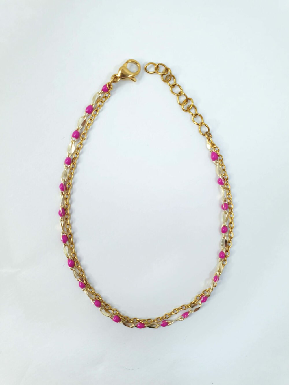 bijoux femme barcelone acier inoxydable laiton plaqué or doré fait main bracelet double chaine perle émaille coloré violet mauve
