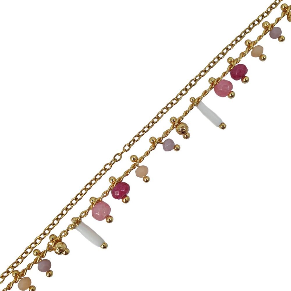 bijoux femme barcelone acier inoxydable laiton plaqué or doré fait main bracelet double chaine perle émaille coloré multicouleur rose