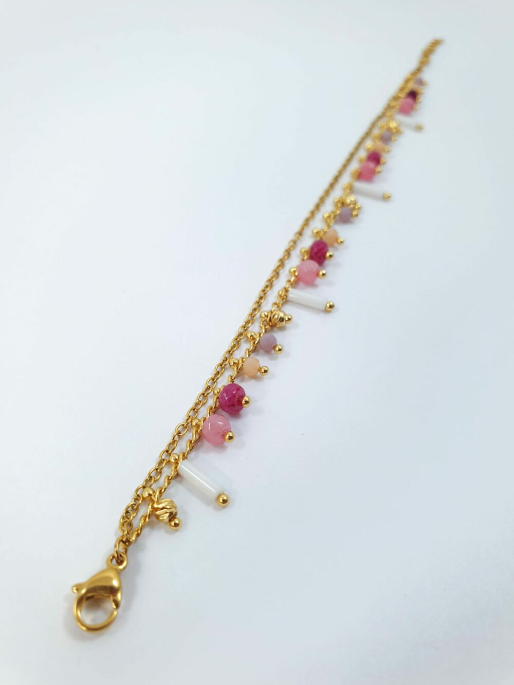bijoux femme barcelone acier inoxydable laiton plaqué or doré fait main bracelet double chaine perle émaille coloré multicouleur rose