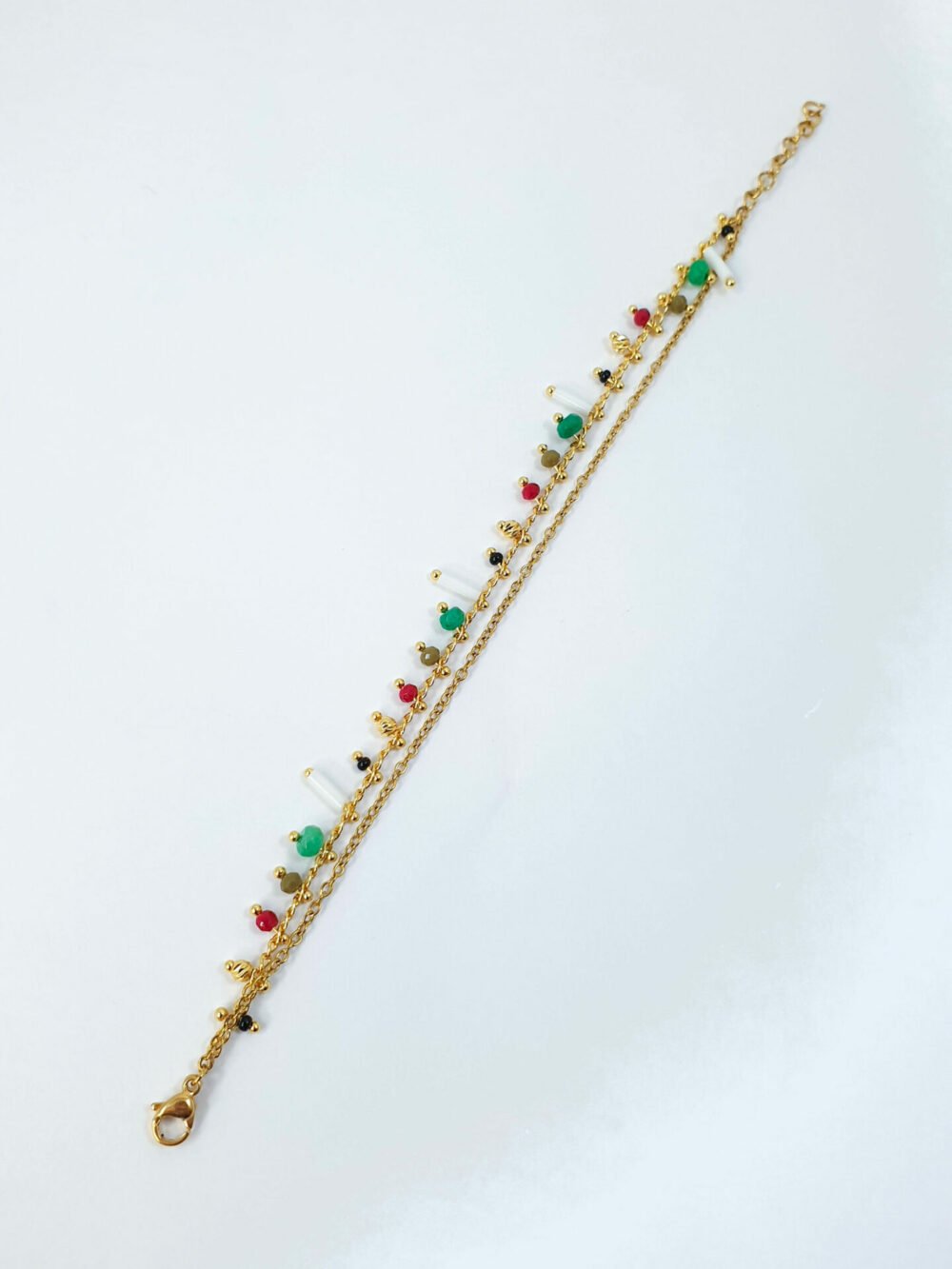 bijoux femme barcelone acier inoxydable laiton plaqué or doré fait main bracelet double chaine perle émaille coloré multicouleur vert blanc rouge