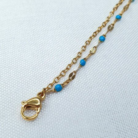 bijoux femme barcelone acier inoxydable laiton plaqué or doré fait main bracelet double chaine perle émaille coloré bleu