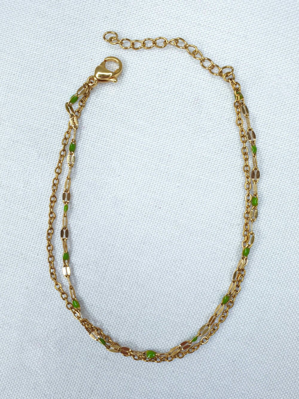 bijoux femme barcelone acier inoxydable laiton plaqué or doré fait main collier double chaine perle émaille coloré vert olive kaki bracelet