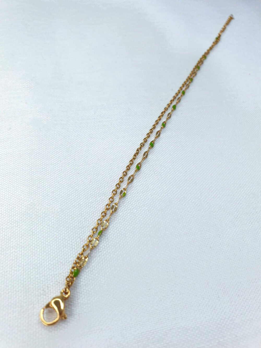 bijoux femme barcelone acier inoxydable laiton plaqué or doré fait main collier double chaine perle émaille coloré vert olive kaki bracelet