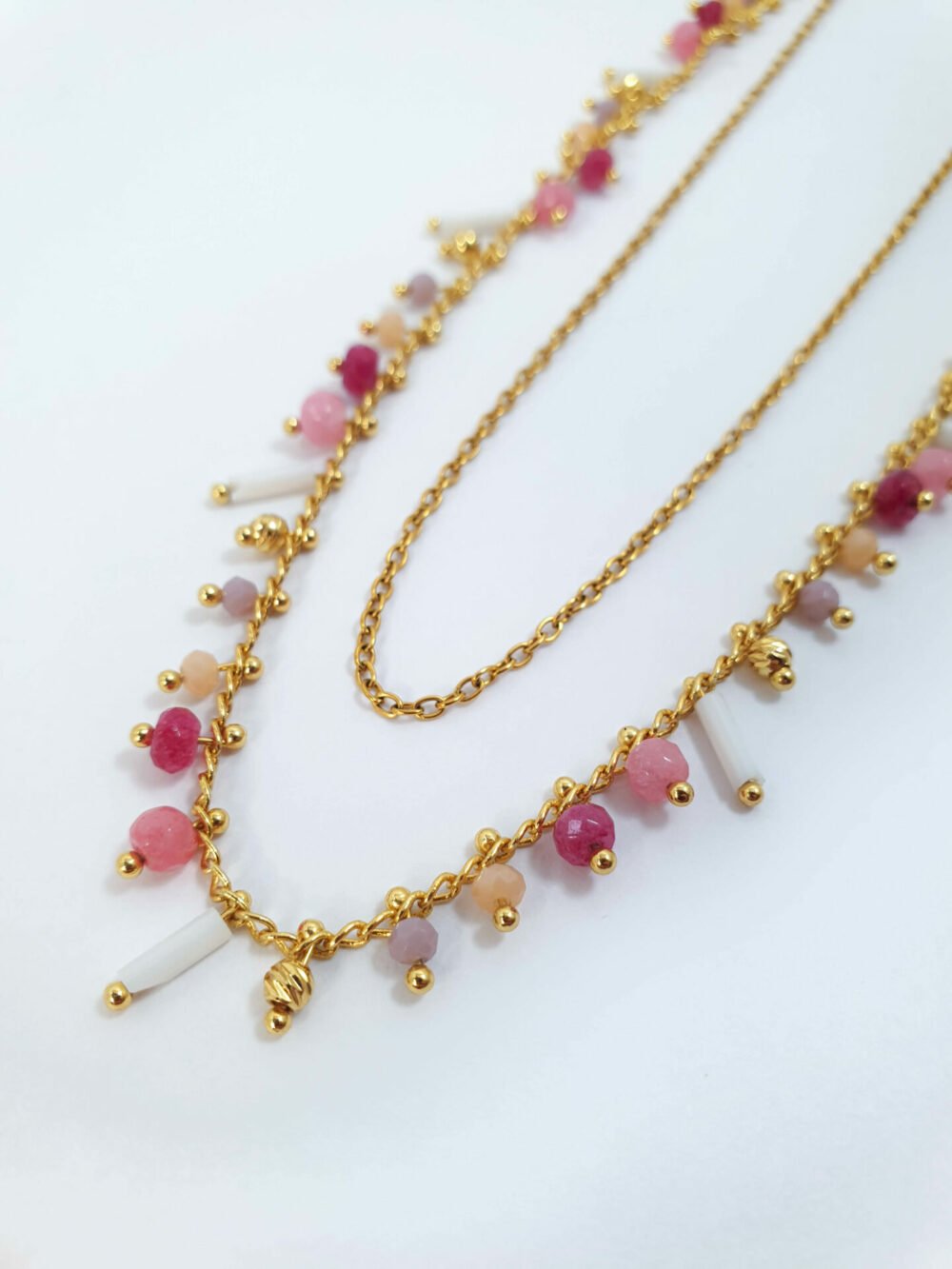 bijoux femme barcelone acier inoxydable laiton plaqué or doré fait main collier double chaine perle émaille coloré multicouleur rose