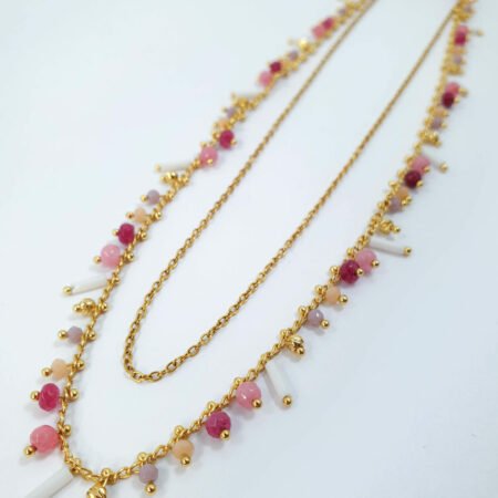 bijoux femme barcelone acier inoxydable laiton plaqué or doré fait main collier double chaine perle émaille coloré multicouleur rose