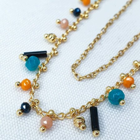 bijoux femme barcelone acier inoxydable laiton plaqué or doré fait main collier double chaine perle émaille coloré multicouleur bleu orange noir