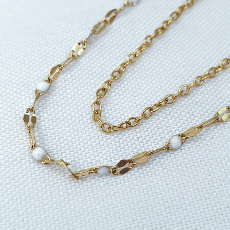 bijoux femme barcelone acier inoxydable laiton plaqué or doré fait main collier double chaine perle émaille coloré blanc