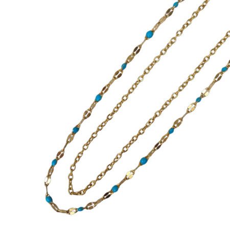 bijoux femme barcelone acier inoxydable laiton plaqué or doré fait main collier double chaine perle émaille coloré bleu