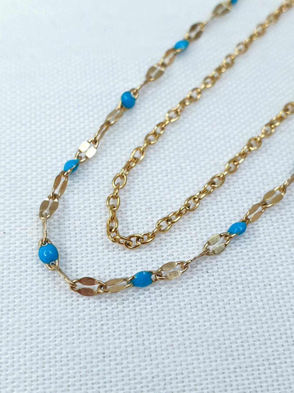 bijoux femme barcelone acier inoxydable laiton plaqué or doré fait main collier double chaine perle émaille coloré bleu