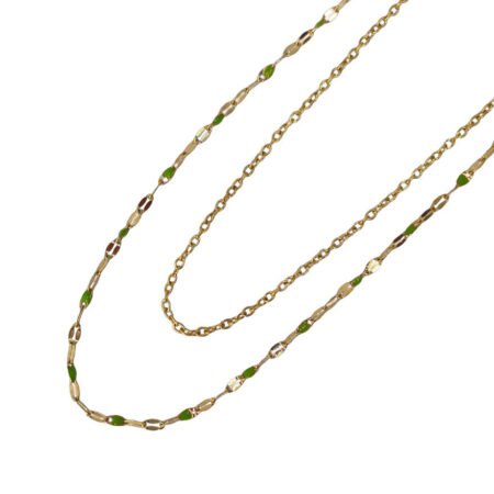 bijoux femme barcelone acier inoxydable laiton plaqué or doré fait main collier double chaine perle émaille coloré vert olive kaki