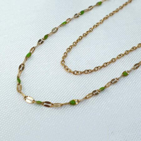 bijoux femme barcelone acier inoxydable laiton plaqué or doré fait main collier double chaine perle émaille coloré vert olive kaki
