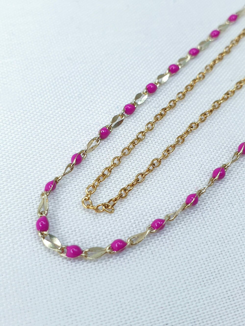 bijoux femme barcelone acier inoxydable laiton plaqué or doré fait main collier double chaine perle émaille coloré violet mauve