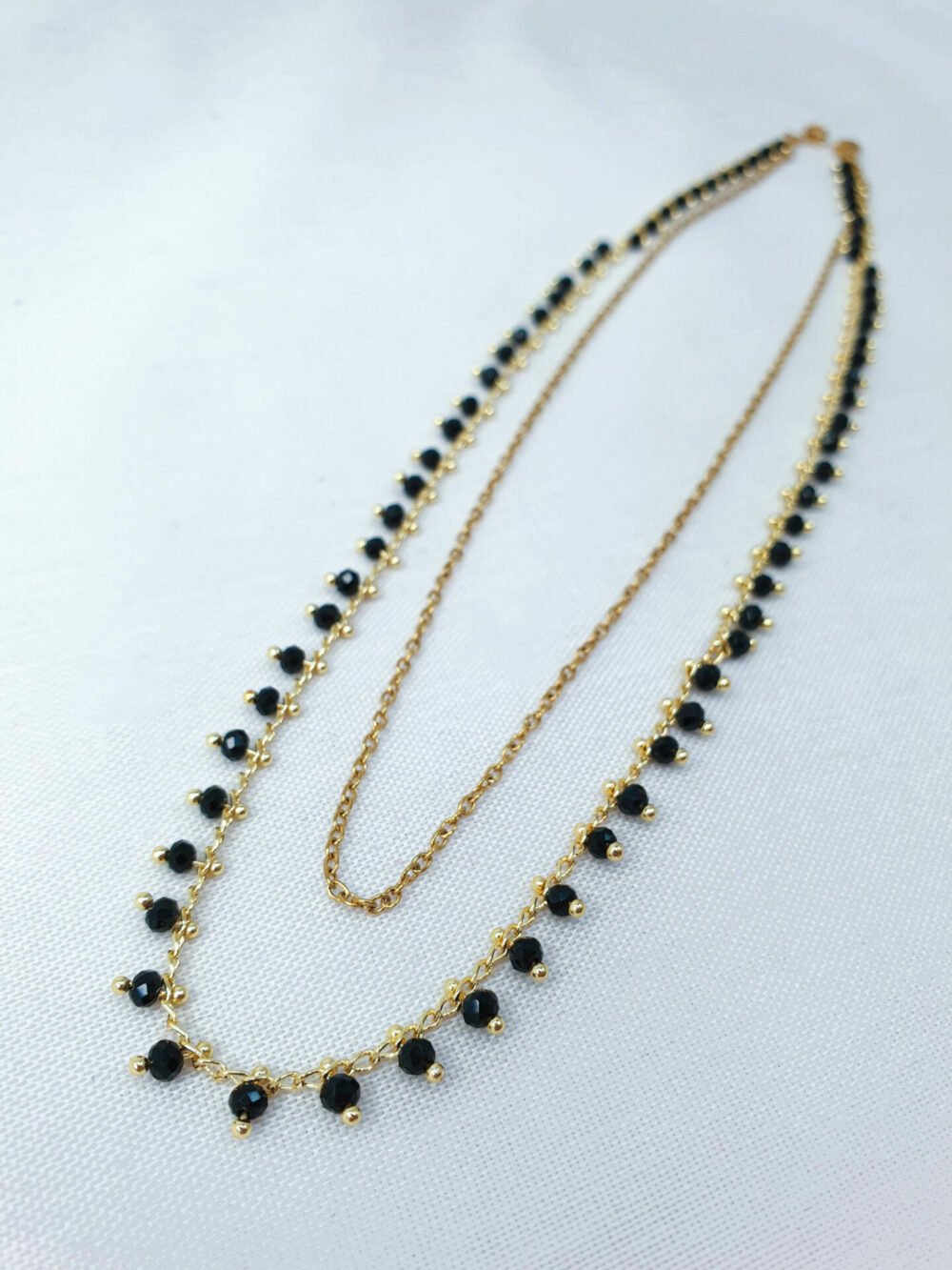 bijoux femme barcelone acier inoxydable laiton plaqué or doré fait main collier double chaine perle émaille coloré noir