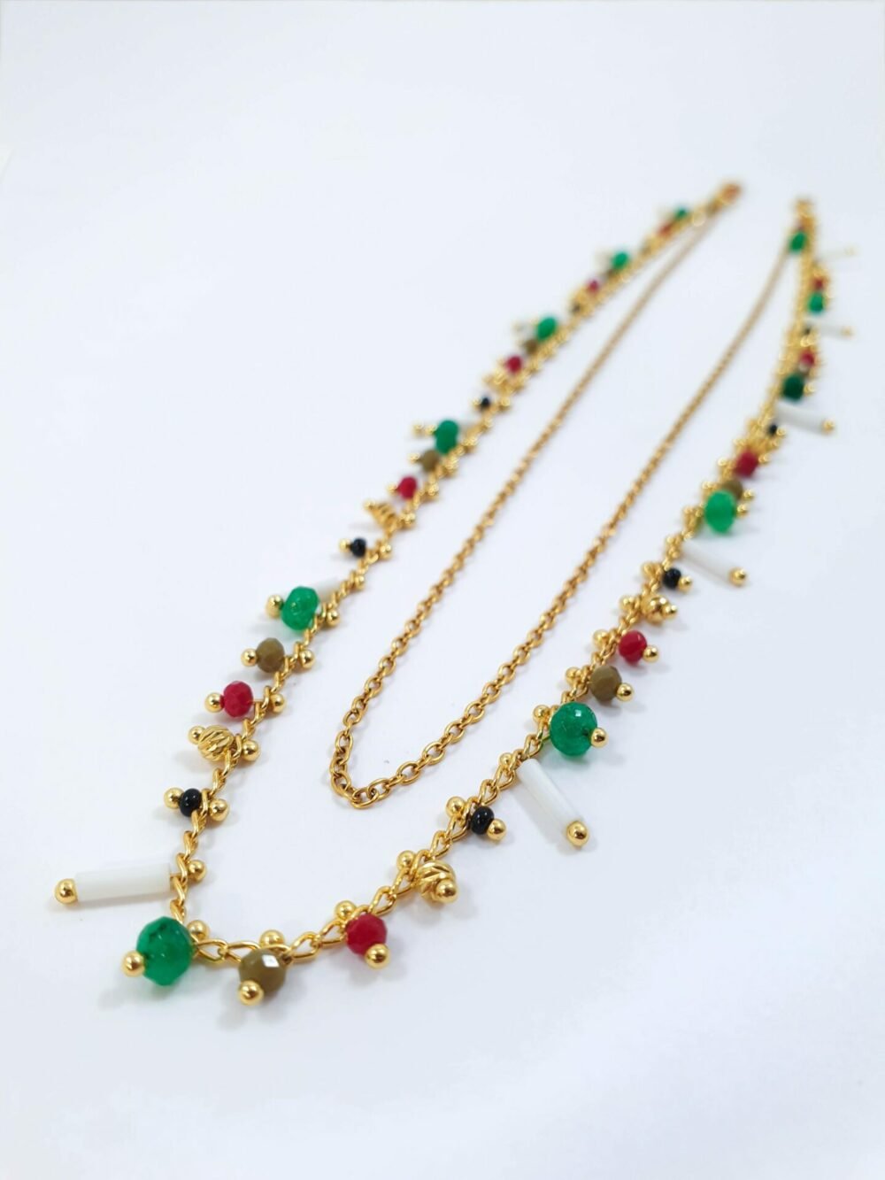 bijoux femme barcelone acier inoxydable laiton plaqué or doré fait main collier double chaine perle émaille coloré multicouleur vert blanc rouge