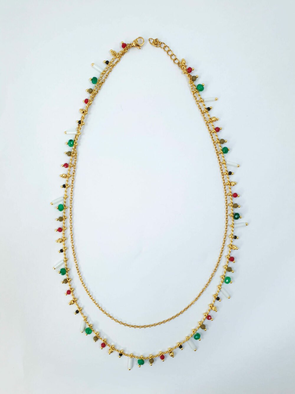 bijoux femme barcelone acier inoxydable laiton plaqué or doré fait main collier double chaine perle émaille coloré multicouleur vert blanc rouge