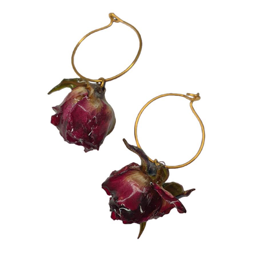 boucles d'oreilles créoles pendantes fines laiton acier inoxydable doré barcelone fleur bouton rose séchée résine