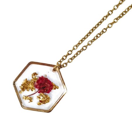 collier résine fleur bijou barcelone hexagonal rouge or